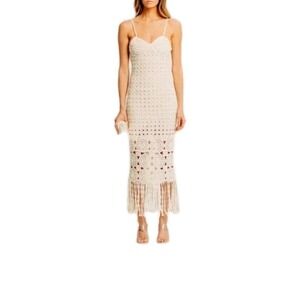 Torn By Ronny‎ Kobo Neutral Boho Crocheted Fringe Midi Dress Size Medium NWT